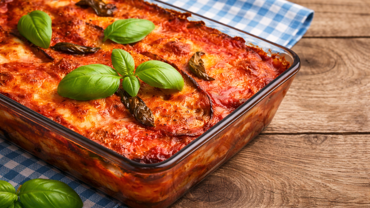 Italian baked vegetable dish with tomato and basil